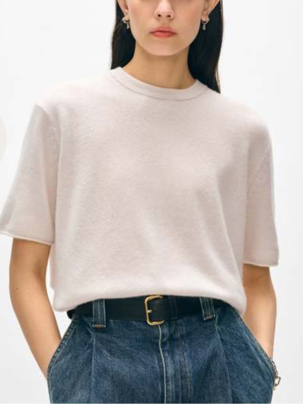 White + Warren NWT $297 100% Cashmere Roll Trim T Shirt Top Soft White Size S
